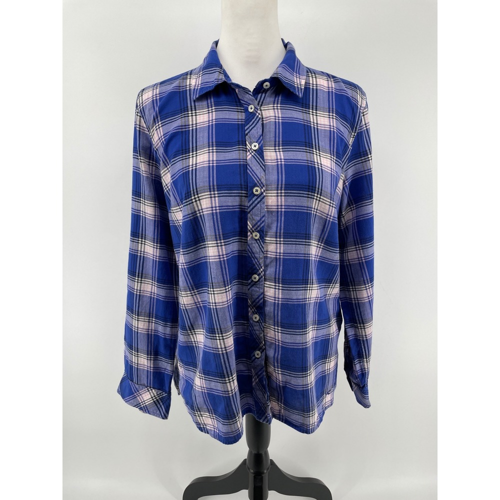 Talbots Cotton Button Front Top Womens Large Petite Blue Plaid Cottage Country
